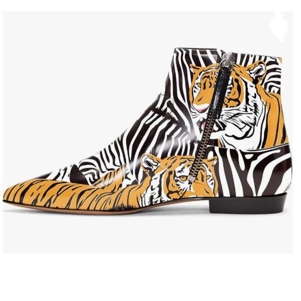 XYD Tiger Pointed Toe Ankle Boots Low Heel Double Side Zipper Dress Shoes
